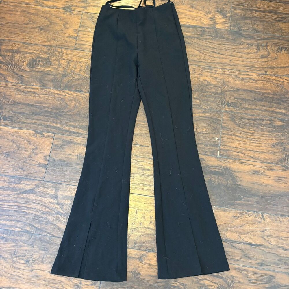 Zara size Medium Stretch Neutral Black Tie Waist Split Hem Kick Flare Pants